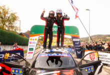 Kalle Rovanperä (FIN) Jonne Halttunen (FIN) Of Toyota Gazoo Racing Wrt celebrate on the podium in first place after winning the World Rally Championship in Passau, Germany on 19.10.2025 //