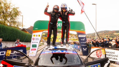 Kalle Rovanperä (FIN) Jonne Halttunen (FIN) Of Toyota Gazoo Racing Wrt celebrate on the podium in first place after winning the World Rally Championship in Passau, Germany on 19.10.2025 //