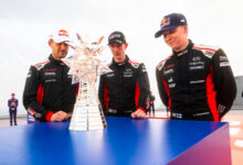 Kalle Rovanperä (FIN), Sebastien Ogier (FRA) and Elfyn Evans (GB) of team TOYOTA GAZOO RACING WRT seen during stop 14 of the FIA World Rally Championship in Jeddah, Saudi Arabia on November 25, 2025. //