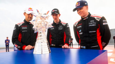 Kalle Rovanperä (FIN), Sebastien Ogier (FRA) and Elfyn Evans (GB) of team TOYOTA GAZOO RACING WRT seen during stop 14 of the FIA World Rally Championship in Jeddah, Saudi Arabia on November 25, 2025. //