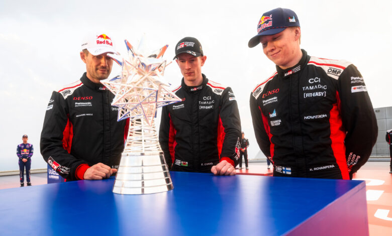 Kalle Rovanperä (FIN), Sebastien Ogier (FRA) and Elfyn Evans (GB) of team TOYOTA GAZOO RACING WRT seen during stop 14 of the FIA World Rally Championship in Jeddah, Saudi Arabia on November 25, 2025. //