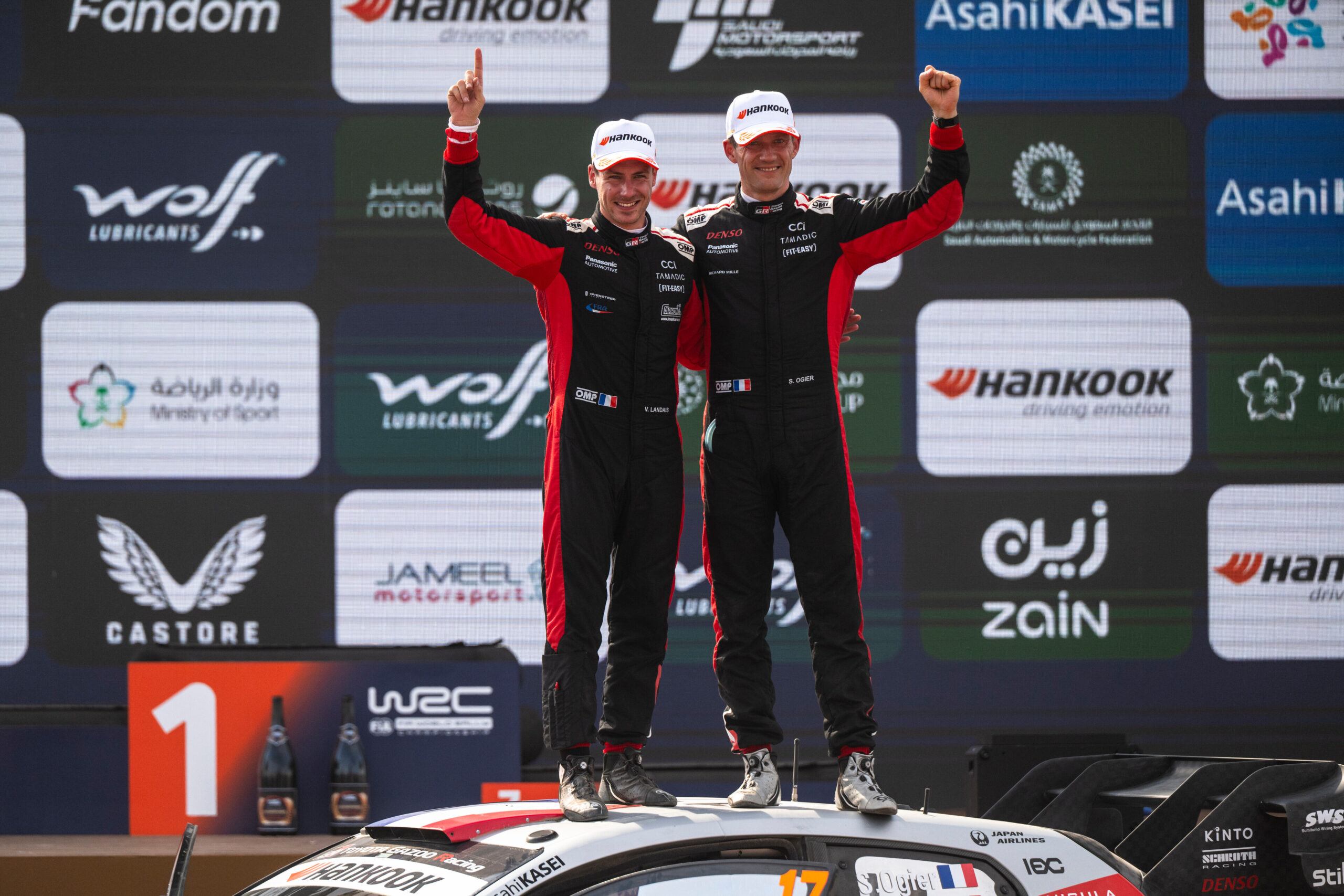 Sebastien Ogier (FRA) Vincent Landais (FRA) Of team TOYOTA GAZOO RACING WRT celebrate World rally championship 2025 title during the World Rally Championship Saudi Arabia in Jeddah, Saudi Arabia on 29,November. 2025 /