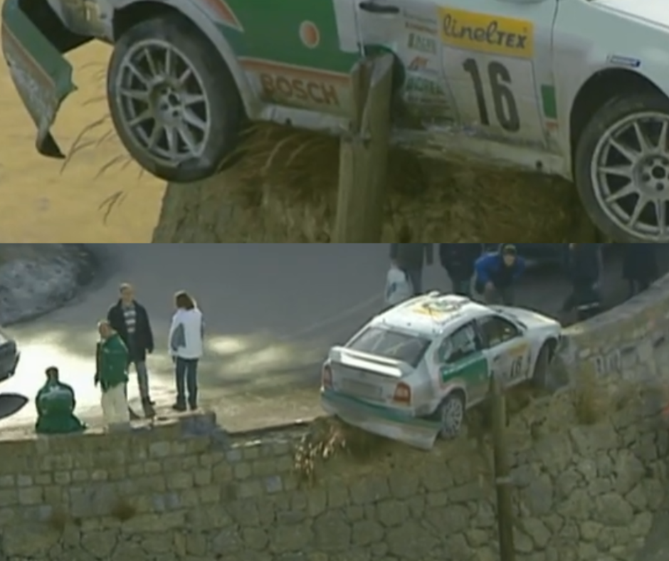 Skoda Octavia WRC nad urwiskiem. Trzymała się tylko na jednym słupie telefonicznym