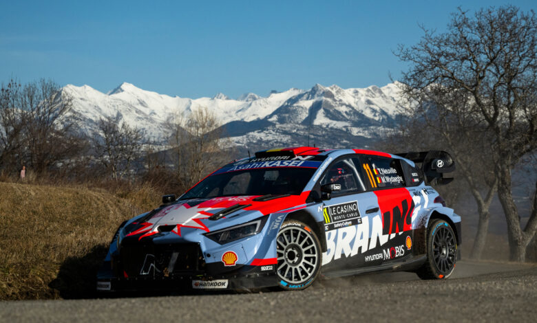 Thierry Neuville (BEL) Martijn Wydaeghe (BEL) Of team HYUNDAI SHELL MOBIS WORLD RALLY TEAM are seen performing during the World Rally Championship Monte-Carlo in Gap, France on 21,January. 2025 //