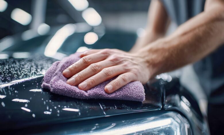 A man's hand wiping a wet car hood with a purple microfiber cloth, showcasing a car wash and detailing process.