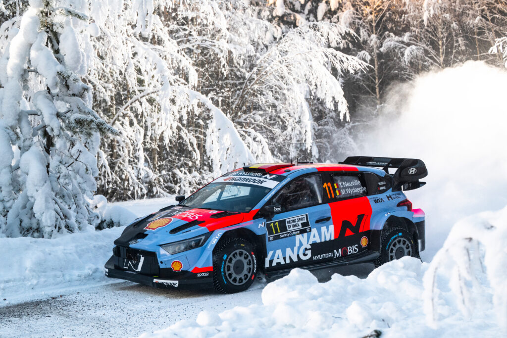 Thierry Neuville (BEL) and Martijn Wydaeghe (BEL) of HYUNDAI SHELL MOBIS WORLD RALLY TEAM compete during the second stop of the World Rally Championship in Umea, Sweden on February 15, 2026. //