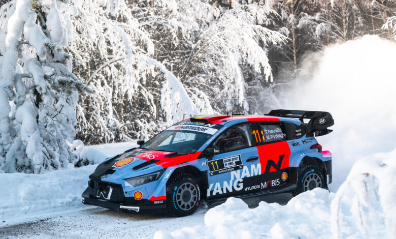 Thierry Neuville (BEL) and Martijn Wydaeghe (BEL) of HYUNDAI SHELL MOBIS WORLD RALLY TEAM compete during the second stop of the World Rally Championship in Umea, Sweden on February 15, 2026. //