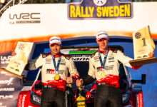 Elfyn Evans (GBR) Scott Martin (GBR) Of team TOYOTA GAZOO RACING WRT celebrate on the podium in first place after winning the World Rally Championship in Umea, Sweden on 15.02.2026 //