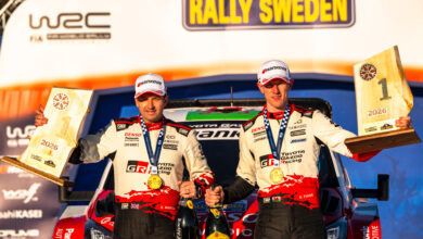 Elfyn Evans (GBR) Scott Martin (GBR) Of team TOYOTA GAZOO RACING WRT celebrate on the podium in first place after winning the World Rally Championship in Umea, Sweden on 15.02.2026 //