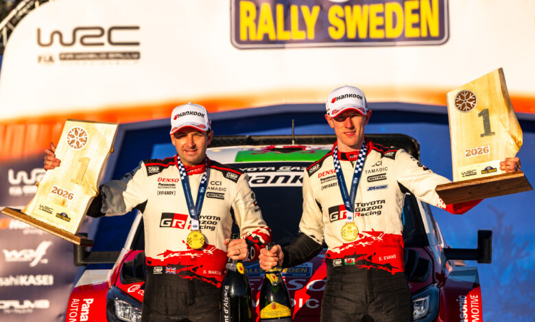 Elfyn Evans (GBR) Scott Martin (GBR) Of team TOYOTA GAZOO RACING WRT celebrate on the podium in first place after winning the World Rally Championship in Umea, Sweden on 15.02.2026 //