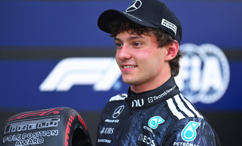 SUZUKA, JAPAN - MARCH 28: Pole position qualifier Andrea Kimi Antonelli of Italy and Mercedes AMG Petronas F1 Team is presented with his Pirelli Pole Position award during qualifying ahead of the F1 Grand Prix of Japan at Suzuka Circuit on March 28, 2026 in Suzuka, Japan. (Photo by