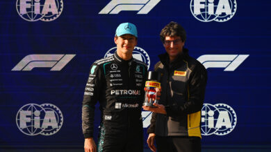 Chinese Grand Prix, Friday, Getty Images SHANGHAI, CHINA - MARCH 13: Pole position qualifier George Russell of Great Britain and Mercedes AMG Petronas F1 Team receives his Pirelli Sprint Pole award from Dario Marrafuschi, Head of Motorsport of Pirelli during Sprint qualifying ahead of the F1 Grand Prix of China at Shanghai International Circuit on March 13, 2026 in Shanghai, China. (Photo by