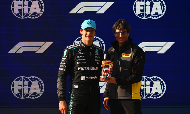 Chinese Grand Prix, Friday, Getty Images SHANGHAI, CHINA - MARCH 13: Pole position qualifier George Russell of Great Britain and Mercedes AMG Petronas F1 Team receives his Pirelli Sprint Pole award from Dario Marrafuschi, Head of Motorsport of Pirelli during Sprint qualifying ahead of the F1 Grand Prix of China at Shanghai International Circuit on March 13, 2026 in Shanghai, China. (Photo by