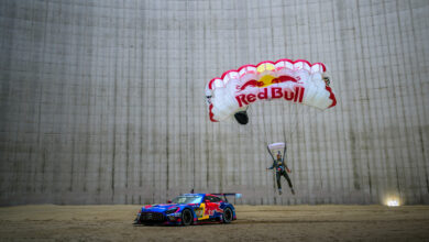 Max Verstappen to compete in 24 Hours Nürburgring in 2026. Max Manow’s B.A.S.E. jump in the cooling tower in Meppen revealing the race car in Meppen, Germany on March 6, 2026. //