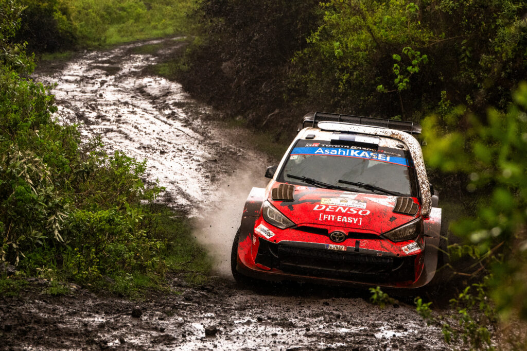 Sami Pajari (FIN) and Marko Salminen (FIN) of team TOYOTA GAZOO RACING WRT2 are seen racing during Stop 3 of the FIA World Rally Championship in Naivasha, Kenya on March 12, 2026. //
