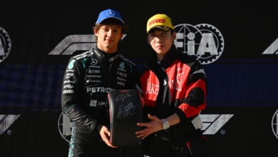 SHANGHAI, CHINA - MARCH 14: Pole position qualifier Andrea Kimi Antonelli of Italy and Mercedes AMG Petronas F1 Team is presented with his Pirelli Pole Position award by Lin Xiaojun during qualifying ahead of the F1 Grand Prix of China at Shanghai International Circuit on March 14, 2026 in Shanghai, China. (Photo by