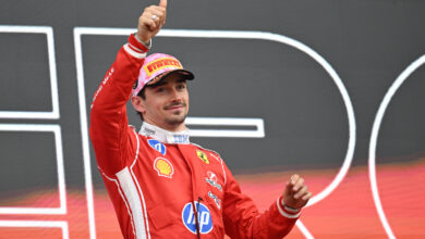SUZUKA, JAPAN - MARCH 29: Third placed Charles Leclerc of Monaco and Scuderia Ferrari celebrates on the podium during the F1 Grand Prix of Japan at Suzuka Circuit on March 29, 2026 in Suzuka, Japan. (Photo