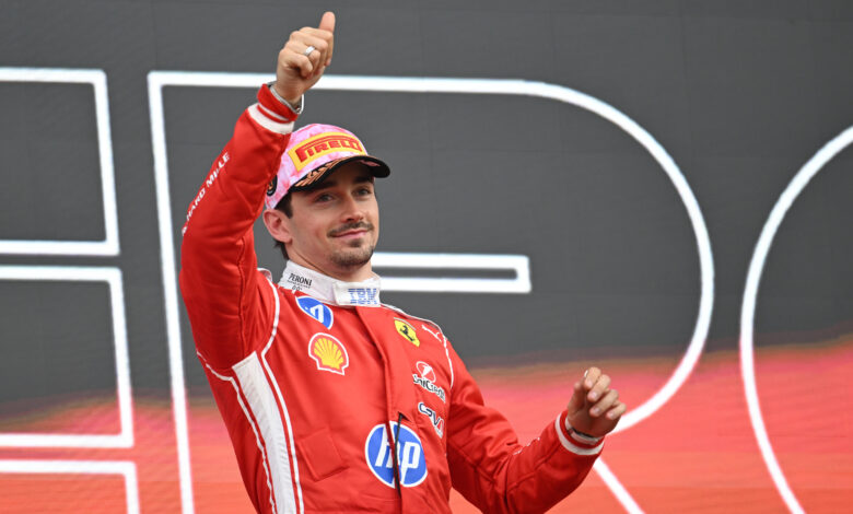 SUZUKA, JAPAN - MARCH 29: Third placed Charles Leclerc of Monaco and Scuderia Ferrari celebrates on the podium during the F1 Grand Prix of Japan at Suzuka Circuit on March 29, 2026 in Suzuka, Japan. (Photo