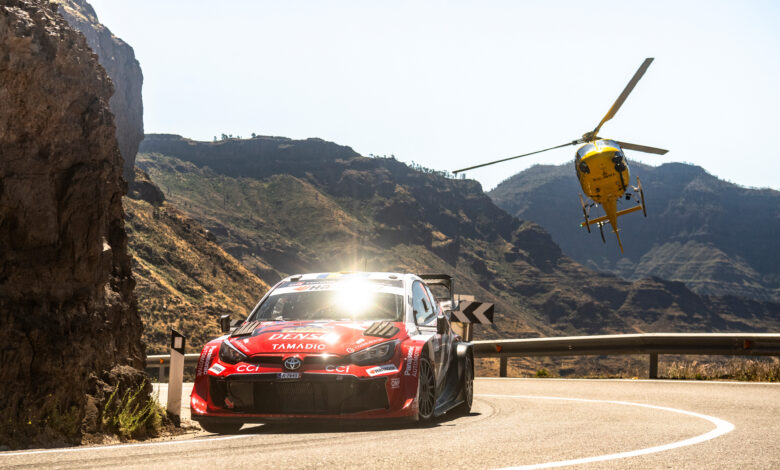 Oliver Solberg (SWE) and Elliott Edmondson (GBR) of team TOYOTA GAZOO RACING WRT seen during Stop 5 of the FIA World Rally Championship in Las Palmas, Spain on April 24, 2026. //