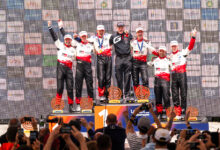 Sébastien Ogier (FRA), Vincent Landais (FRA) Of team TOYOTA GAZOO RACING WRT celebrate on the podium in first place after winning the World Rally Championship in Las Palmas, Spain on 26.04.2026 with Elfyn Evans (GBR), Scott Martin (GBR) Of team TOYOTA GAZOO RACING WRT seccond and Sami Pajari (FIN), Marko Salminen (FIN) Of team TOYOTA GAZOO RACING WRT2 third place //