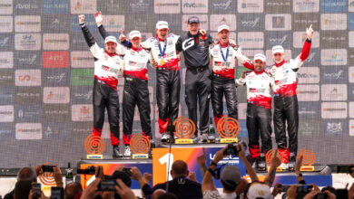 Sébastien Ogier (FRA), Vincent Landais (FRA) Of team TOYOTA GAZOO RACING WRT celebrate on the podium in first place after winning the World Rally Championship in Las Palmas, Spain on 26.04.2026 with Elfyn Evans (GBR), Scott Martin (GBR) Of team TOYOTA GAZOO RACING WRT seccond and Sami Pajari (FIN), Marko Salminen (FIN) Of team TOYOTA GAZOO RACING WRT2 third place //