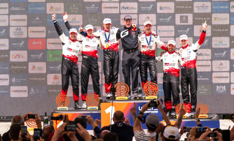 Sébastien Ogier (FRA), Vincent Landais (FRA) Of team TOYOTA GAZOO RACING WRT celebrate on the podium in first place after winning the World Rally Championship in Las Palmas, Spain on 26.04.2026 with Elfyn Evans (GBR), Scott Martin (GBR) Of team TOYOTA GAZOO RACING WRT seccond and Sami Pajari (FIN), Marko Salminen (FIN) Of team TOYOTA GAZOO RACING WRT2 third place //