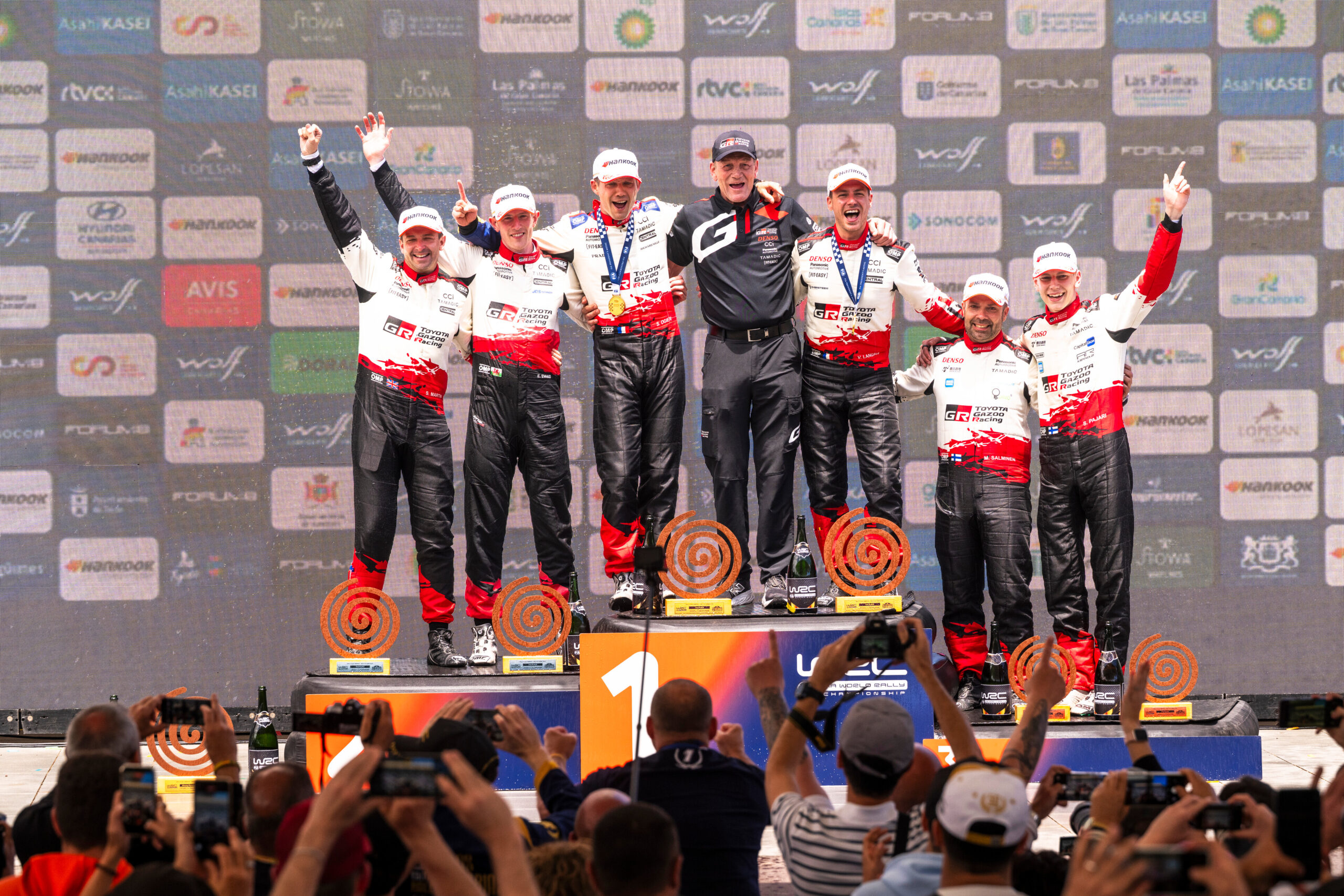 Sébastien Ogier (FRA), Vincent Landais (FRA) Of team TOYOTA GAZOO RACING WRT celebrate on the podium in first place after winning the World Rally Championship in Las Palmas, Spain on 26.04.2026 with Elfyn Evans (GBR), Scott Martin (GBR) Of team TOYOTA GAZOO RACING WRT seccond and Sami Pajari (FIN), Marko Salminen (FIN) Of team TOYOTA GAZOO RACING WRT2 third place //
