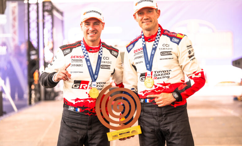 Sébastien Ogier (FRA), Vincent Landais (FRA) Of team TOYOTA GAZOO RACING WRT celebrate on the podium in first place after winning the World Rally Championship in Las Palmas, Spain on 26.04.2026 //