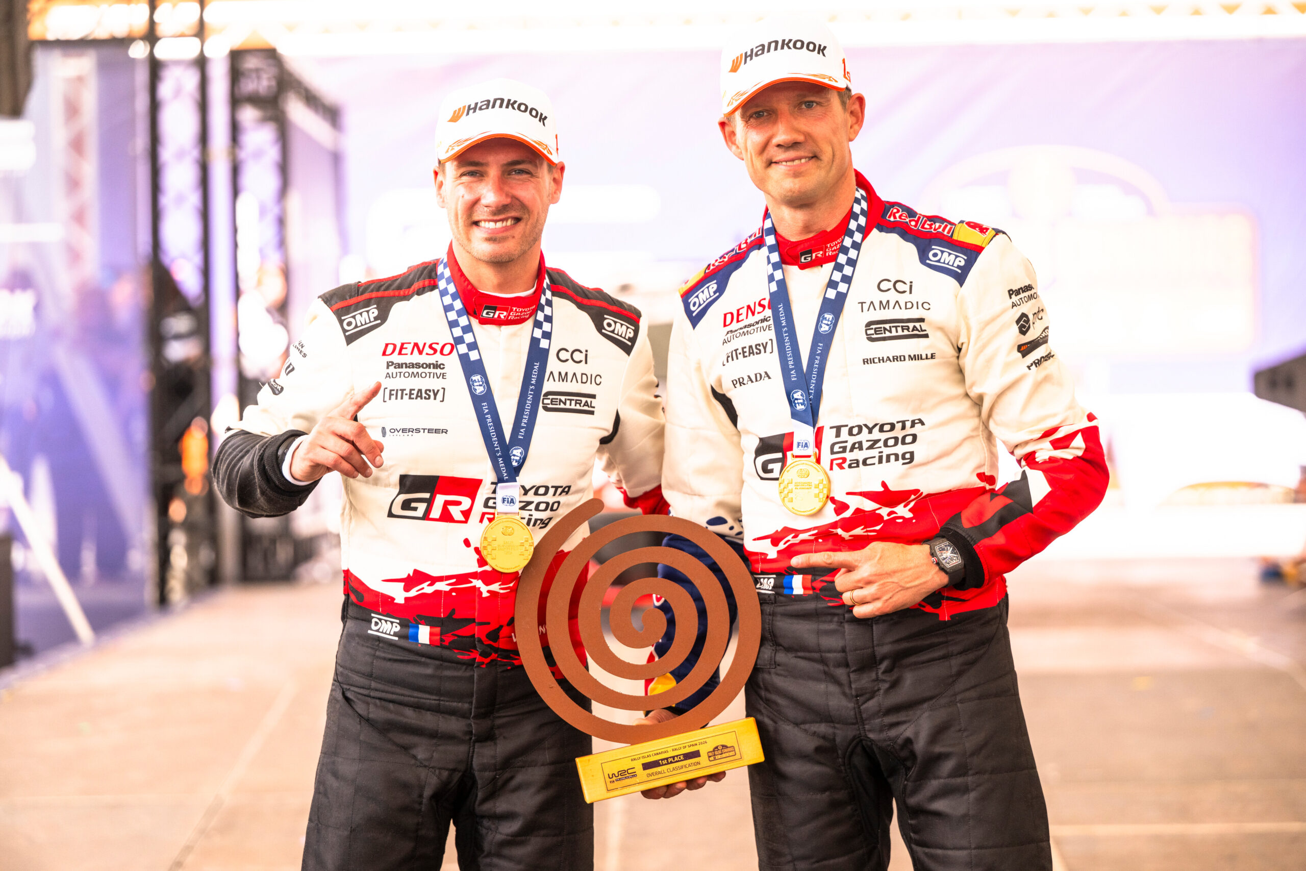 Sébastien Ogier (FRA), Vincent Landais (FRA) Of team TOYOTA GAZOO RACING WRT celebrate on the podium in first place after winning the World Rally Championship in Las Palmas, Spain on 26.04.2026 //