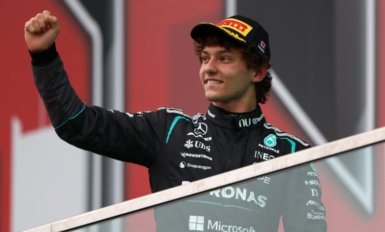 MONTREAL, QUEBEC - MAY 24: Race winner Andrea Kimi Antonelli of Italy and Mercedes AMG Petronas F1 Team celebrates on the podium during the F1 Grand Prix of Canada at Circuit Gilles-Villeneuve on May 24, 2026 in Montreal, Quebec. (Photo by