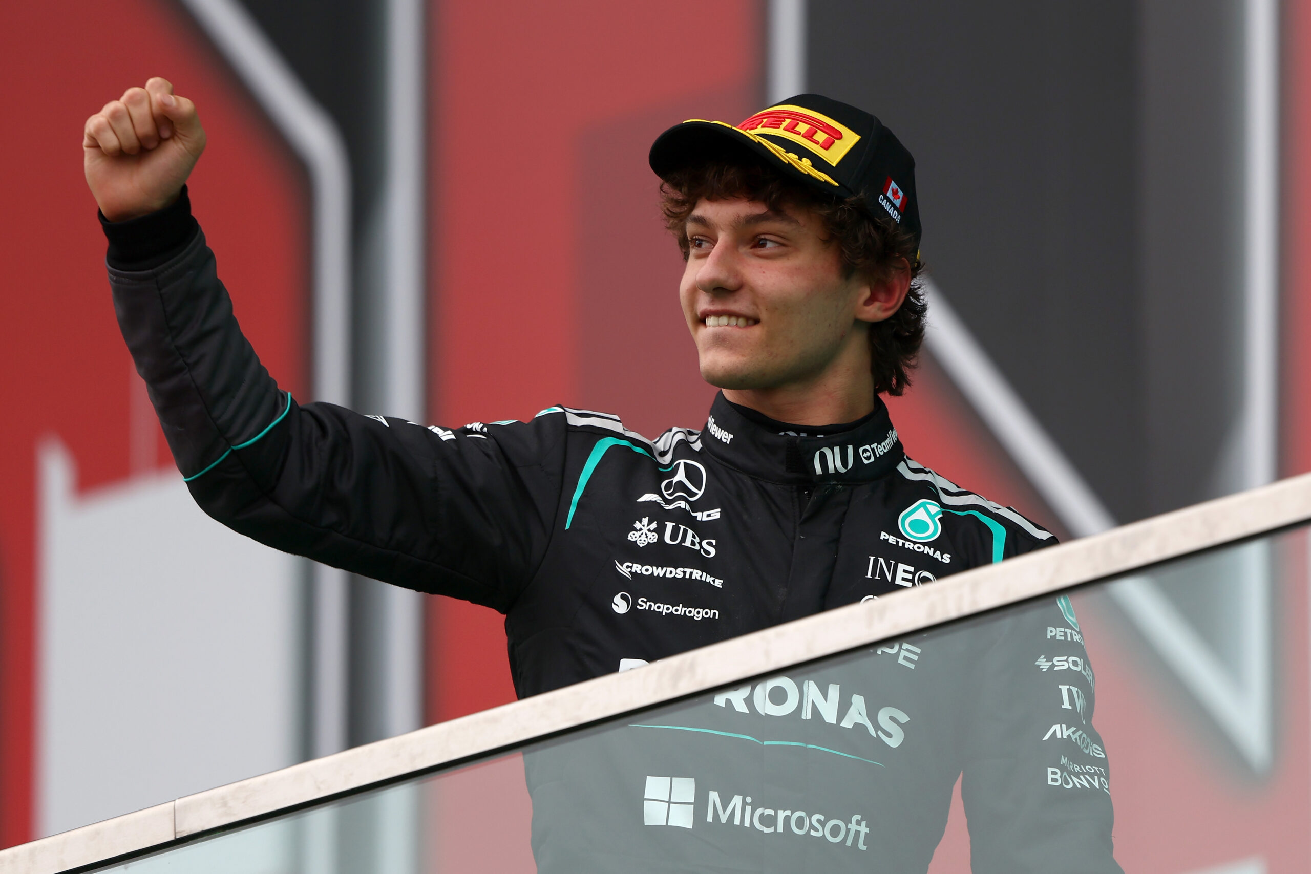 MONTREAL, QUEBEC - MAY 24: Race winner Andrea Kimi Antonelli of Italy and Mercedes AMG Petronas F1 Team celebrates on the podium during the F1 Grand Prix of Canada at Circuit Gilles-Villeneuve on May 24, 2026 in Montreal, Quebec. (Photo by