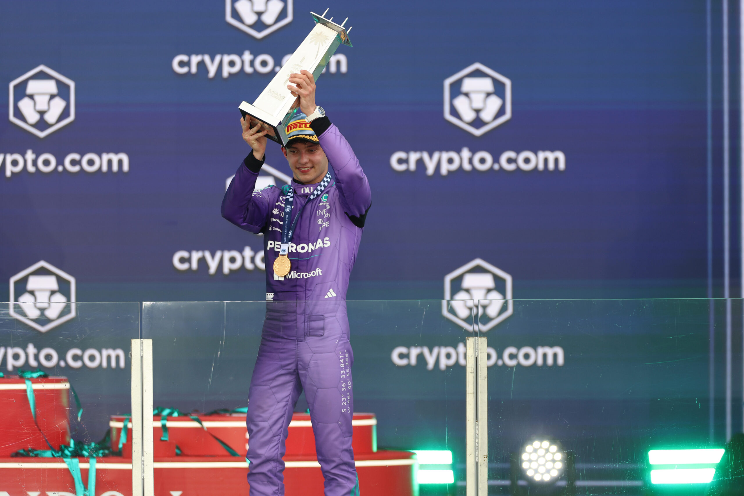MIAMI, FLORIDA - MAY 03: Race winner Andrea Kimi Antonelli of Italy and Mercedes AMG Petronas F1 Team celebrates ot during the F1 Grand Prix of Miami at Miami International Autodrome on May 03, 2026 in Miami, Florida. (Photo by