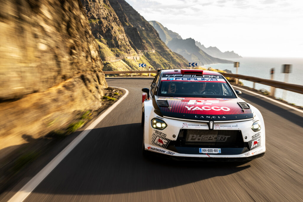 Yohan Rossel (FRA) and Arnaud Dunand (FRA) of team LANCIA CORSE HF seen during Stop 5 of the FIA World Rally Championship in Las Palmas, Spain on April 24, 2026. //