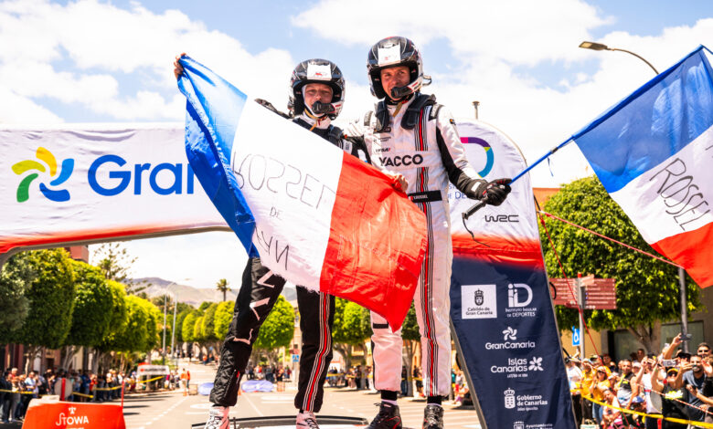 Yohan Rossel (FRA), Arnaud Dunand (FRA) Of team LANCIA CORSE HF celebrate on the podium in first place after winning WRC 2 category during the World Rally Championship in Las Palmas, Spain on 26.04.2026 //
