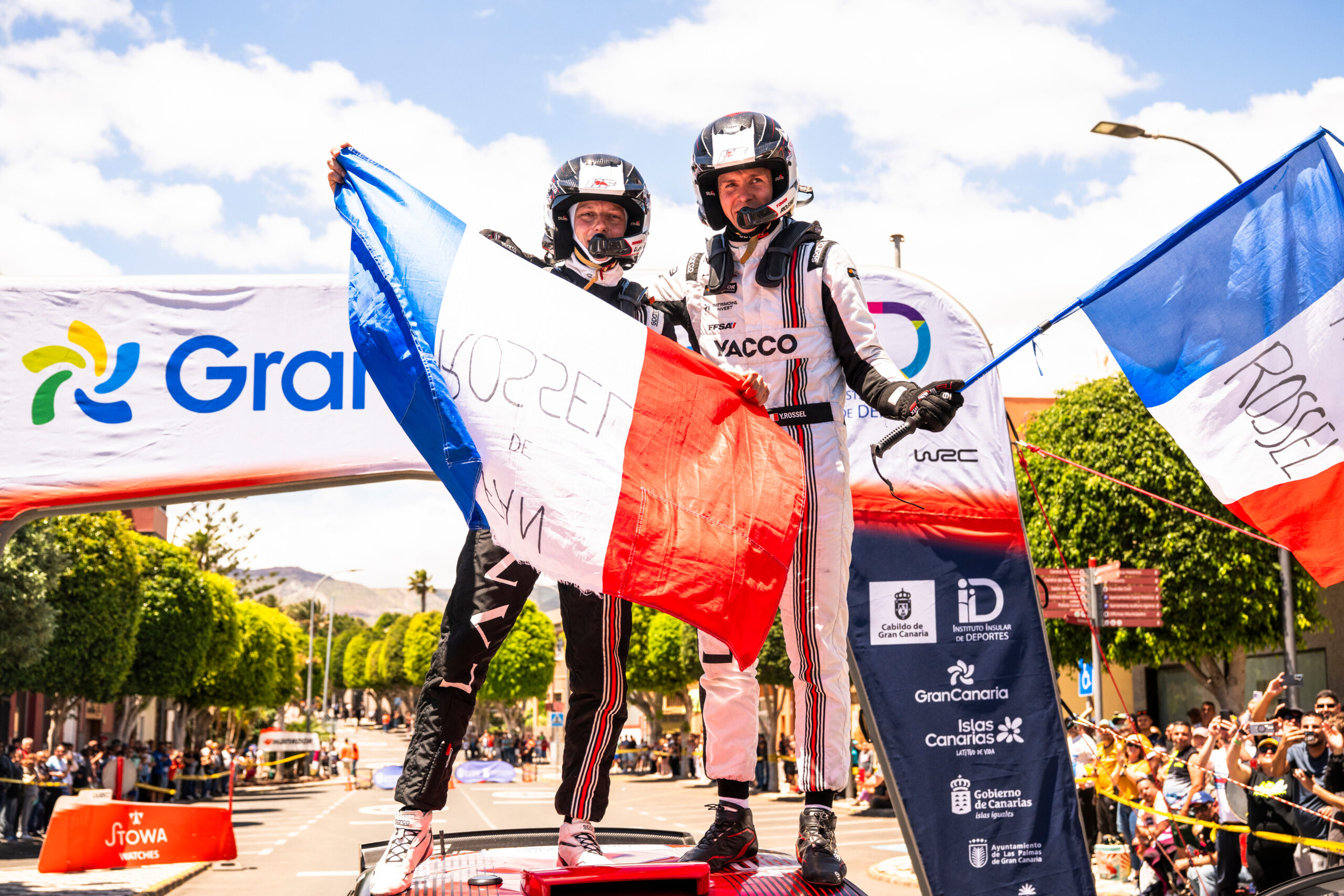 Yohan Rossel (FRA), Arnaud Dunand (FRA) Of team LANCIA CORSE HF celebrate on the podium in first place after winning WRC 2 category during the World Rally Championship in Las Palmas, Spain on 26.04.2026 //