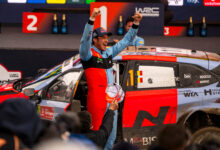 Thierry Neuville (BEL) Of team HYUNDAI SHELL MOBIS WORLD RALLY TEAM celebrate on the podium in first place after winning the World Rally Championship in Porto, Portugal on 10.05.2026 //
