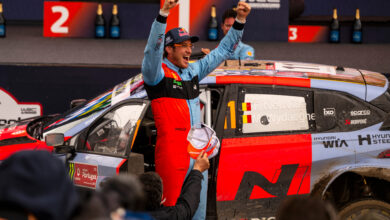Thierry Neuville (BEL) Of team HYUNDAI SHELL MOBIS WORLD RALLY TEAM celebrate on the podium in first place after winning the World Rally Championship in Porto, Portugal on 10.05.2026 //