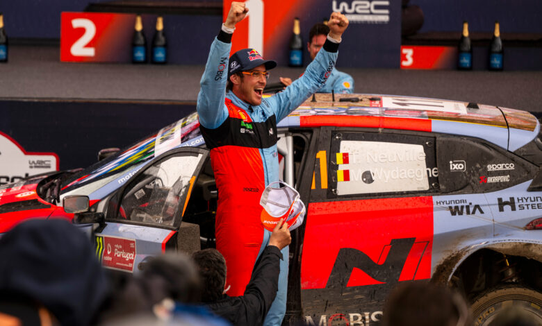 Thierry Neuville (BEL) Of team HYUNDAI SHELL MOBIS WORLD RALLY TEAM celebrate on the podium in first place after winning the World Rally Championship in Porto, Portugal on 10.05.2026 //