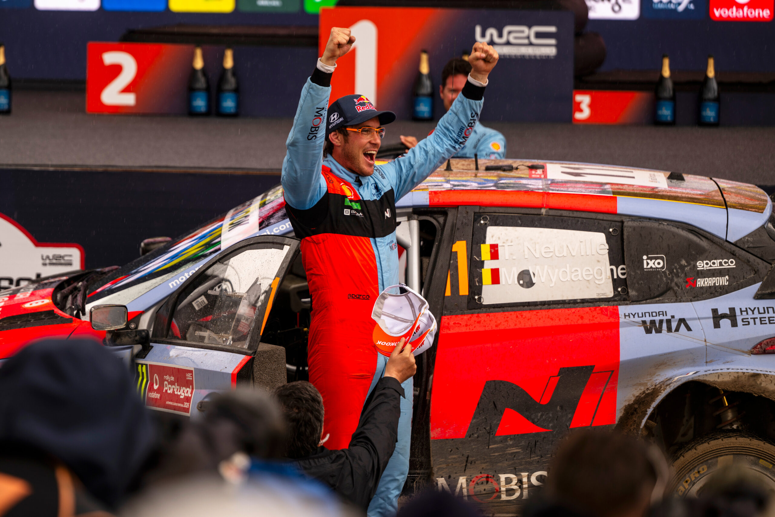 Thierry Neuville (BEL) Of team HYUNDAI SHELL MOBIS WORLD RALLY TEAM celebrate on the podium in first place after winning the World Rally Championship in Porto, Portugal on 10.05.2026 //