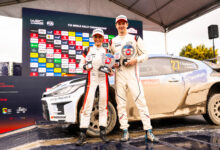 Teemu Suninen (FIN) and Janni Hussi (FIN) celebrate on the podium in first place after winning the WRC2 category in Porto, Portugal on May 10, 2026. //