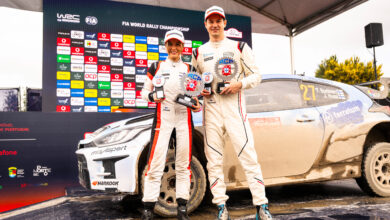 Teemu Suninen (FIN) and Janni Hussi (FIN) celebrate on the podium in first place after winning the WRC2 category in Porto, Portugal on May 10, 2026. //