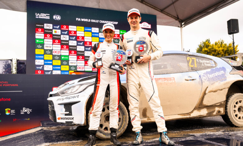 Teemu Suninen (FIN) and Janni Hussi (FIN) celebrate on the podium in first place after winning the WRC2 category in Porto, Portugal on May 10, 2026. //