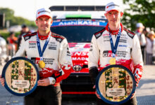 Elfyn Evans (GBR), Scott Martin (GBR) Of team TOYOTA GAZOO RACING WRT celebrate on the podium in first place after winning the WRC Rally1 category at FORUM8 Rally Japan in Toyota City, Japan on 31.05.2026 //
