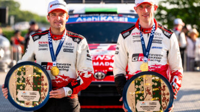 Elfyn Evans (GBR), Scott Martin (GBR) Of team TOYOTA GAZOO RACING WRT celebrate on the podium in first place after winning the WRC Rally1 category at FORUM8 Rally Japan in Toyota City, Japan on 31.05.2026 //