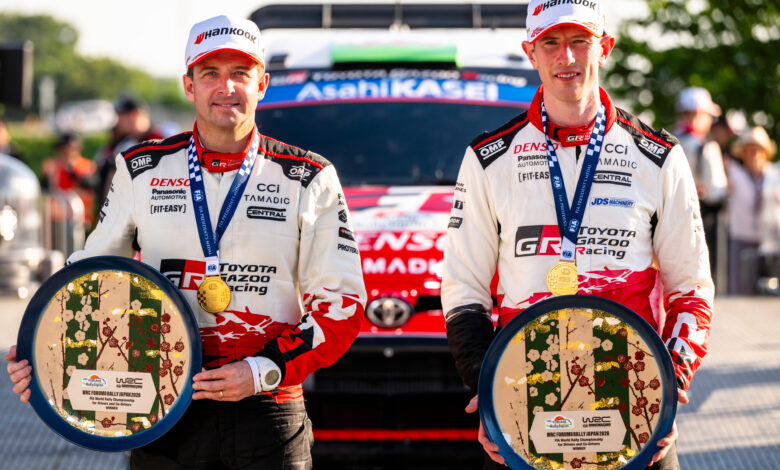 Elfyn Evans (GBR), Scott Martin (GBR) Of team TOYOTA GAZOO RACING WRT celebrate on the podium in first place after winning the WRC Rally1 category at FORUM8 Rally Japan in Toyota City, Japan on 31.05.2026 //