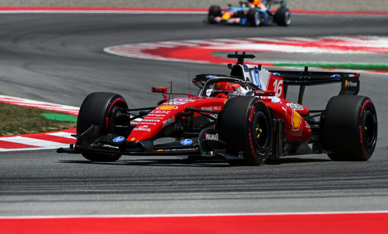 BARCELONA, SPAIN - JUNE 13: Charles Leclerc of Monaco driving the (16) Scuderia Ferrari SF-26 on track during final practice ahead of the F1 Grand Prix of Barcelona-Catalunya at Circuit de Barcelona-Catalunya on June 13, 2026 in Barcelona, Spain. (Photo by