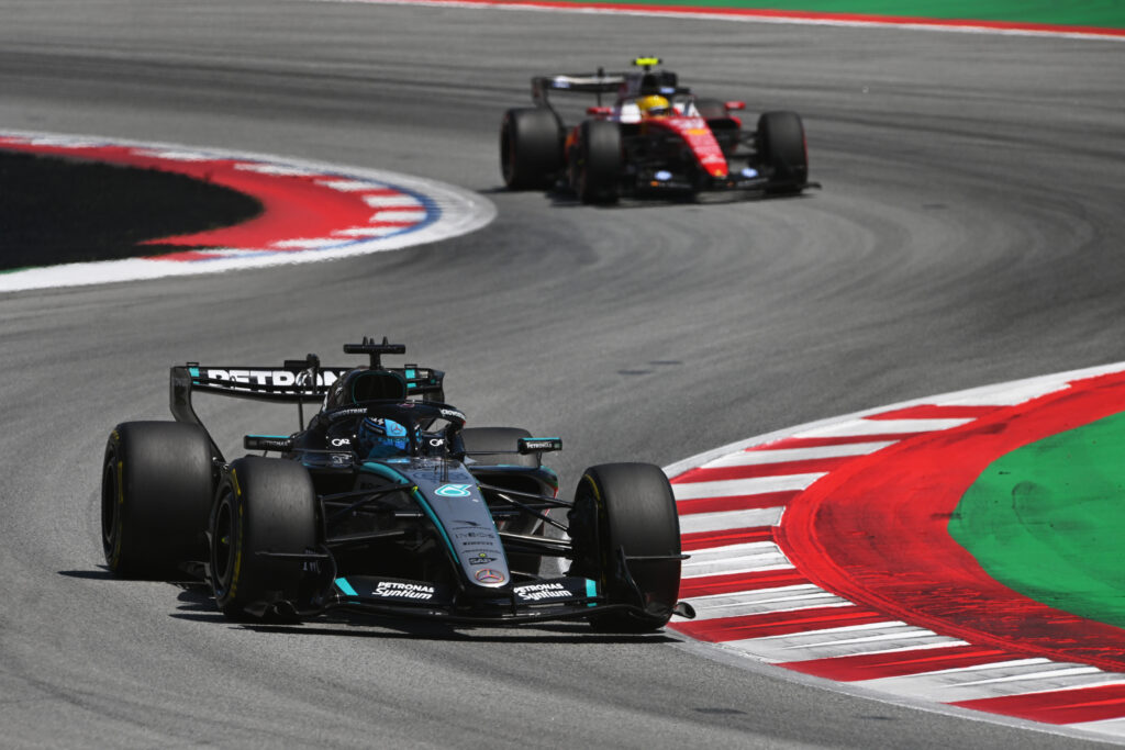 BARCELONA, SPAIN - JUNE 14: George Russell of Great Britain driving the (63) Mercedes AMG Petronas F1 Team W17 on track during the F1 Grand Prix of Barcelona-Catalunya at Circuit de Barcelona-Catalunya on June 14, 2026 in Barcelona, Spain. (Photo by