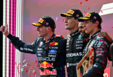 SPIELBERG, AUSTRIA - JUNE 28: Race winner George Russell of Great Britain and Mercedes AMG Petronas F1 Team, Second placed Max Verstappen of the Netherlands and Oracle Red Bull Racing, Third placed Andrea Kimi Antonelli of Italy and Mercedes AMG Petronas F1 Team and Arun Rajkumar, Trackside Powerunit Engineer of Mercedes AMG Petronas F1 Team celebrate on the podium during the F1 Grand Prix of Austria at Red Bull Ring on June 28, 2026 in Spielberg, Austria. (Photo by
