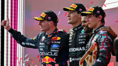 SPIELBERG, AUSTRIA - JUNE 28: Race winner George Russell of Great Britain and Mercedes AMG Petronas F1 Team, Second placed Max Verstappen of the Netherlands and Oracle Red Bull Racing, Third placed Andrea Kimi Antonelli of Italy and Mercedes AMG Petronas F1 Team and Arun Rajkumar, Trackside Powerunit Engineer of Mercedes AMG Petronas F1 Team celebrate on the podium during the F1 Grand Prix of Austria at Red Bull Ring on June 28, 2026 in Spielberg, Austria. (Photo by