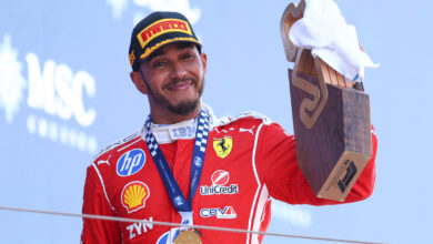 BARCELONA, SPAIN - JUNE 14: Race winner Lewis Hamilton of Great Britain and Scuderia Ferrari celebrates with his trophy on the podium during the F1 Grand Prix of Barcelona-Catalunya at Circuit de Barcelona-Catalunya on June 14, 2026 in Barcelona, Spain. (Photo by